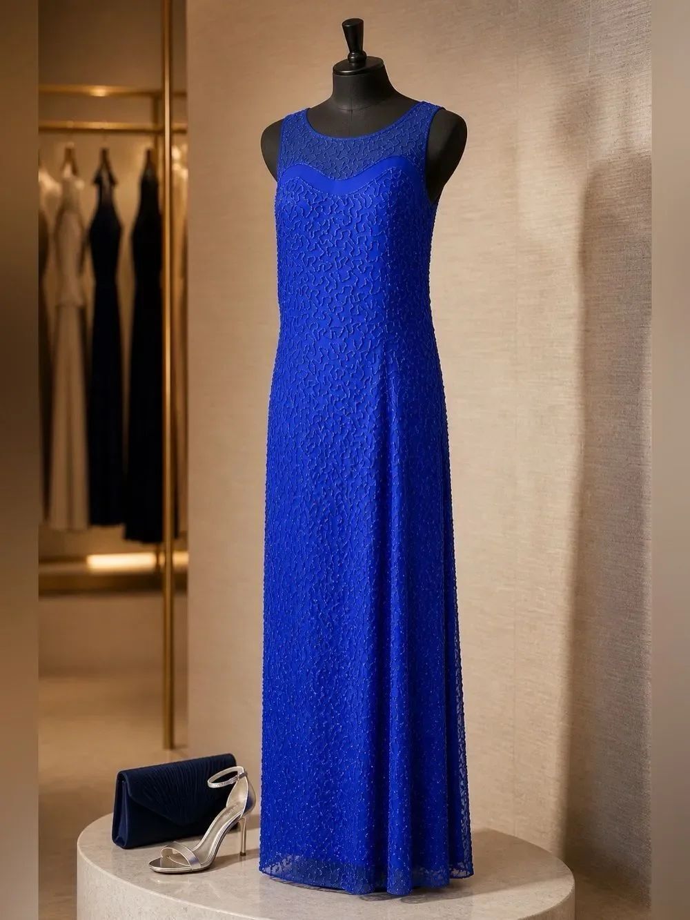 Royal Blue Silk Beaded Dress Sean Collection